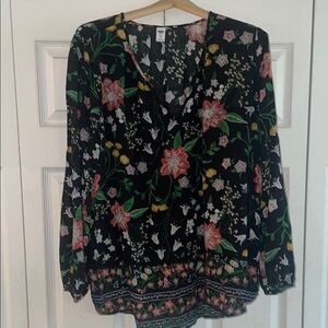 Old Navy Black Floral Boho Tunic Top V-Neck, Long Sleeves Blouse